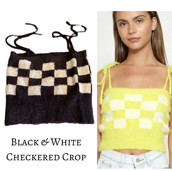 Checkered Black & White Fuzzy Adjustable Tie Strap Crop Top New size medium - Picture 1 of 6